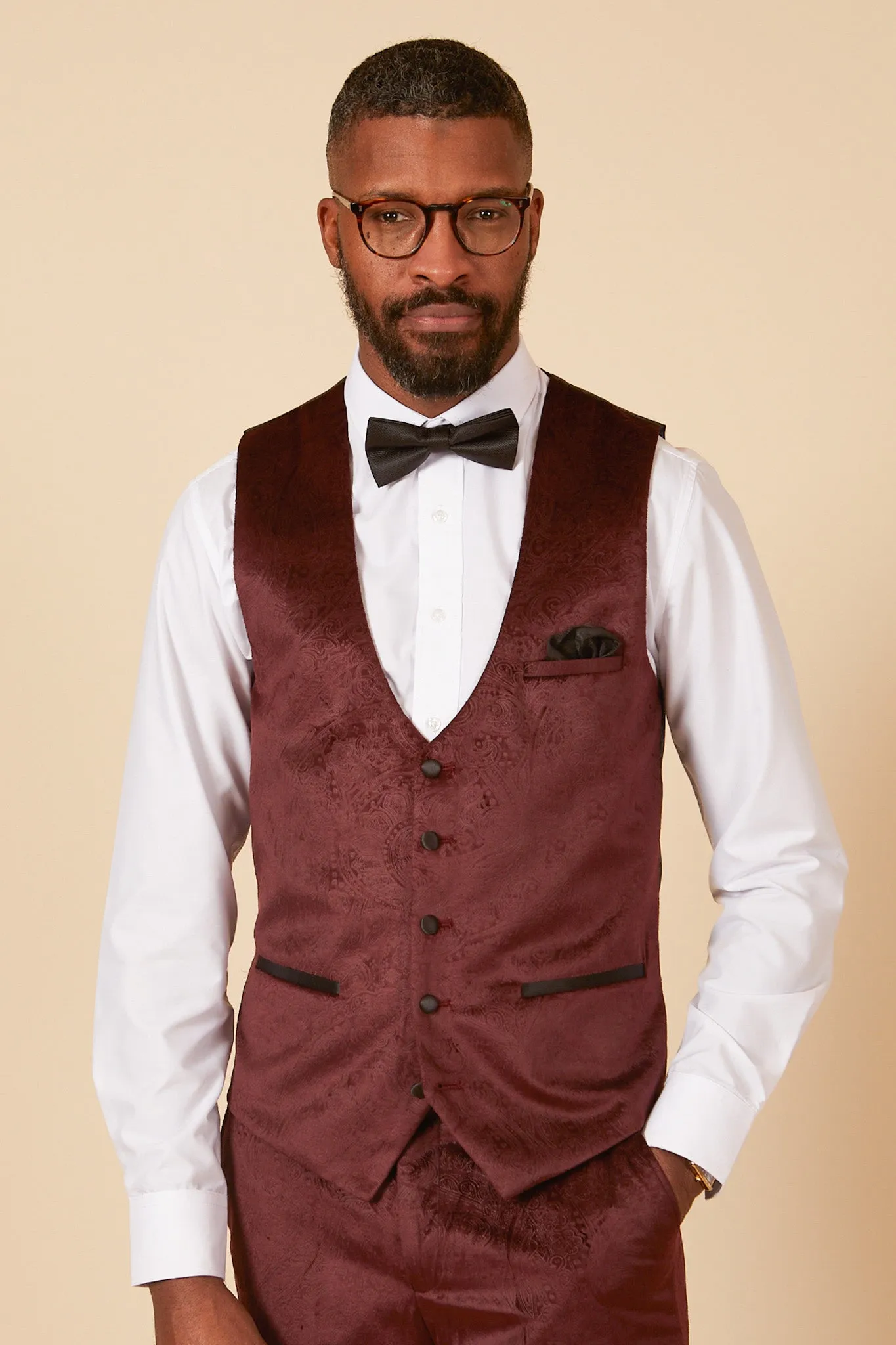 SIMON - Wine Velvet Jacquard Three Piece Suit