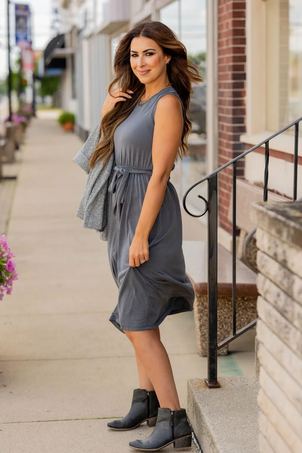 Simple Tie Waist Tank Midi Dress