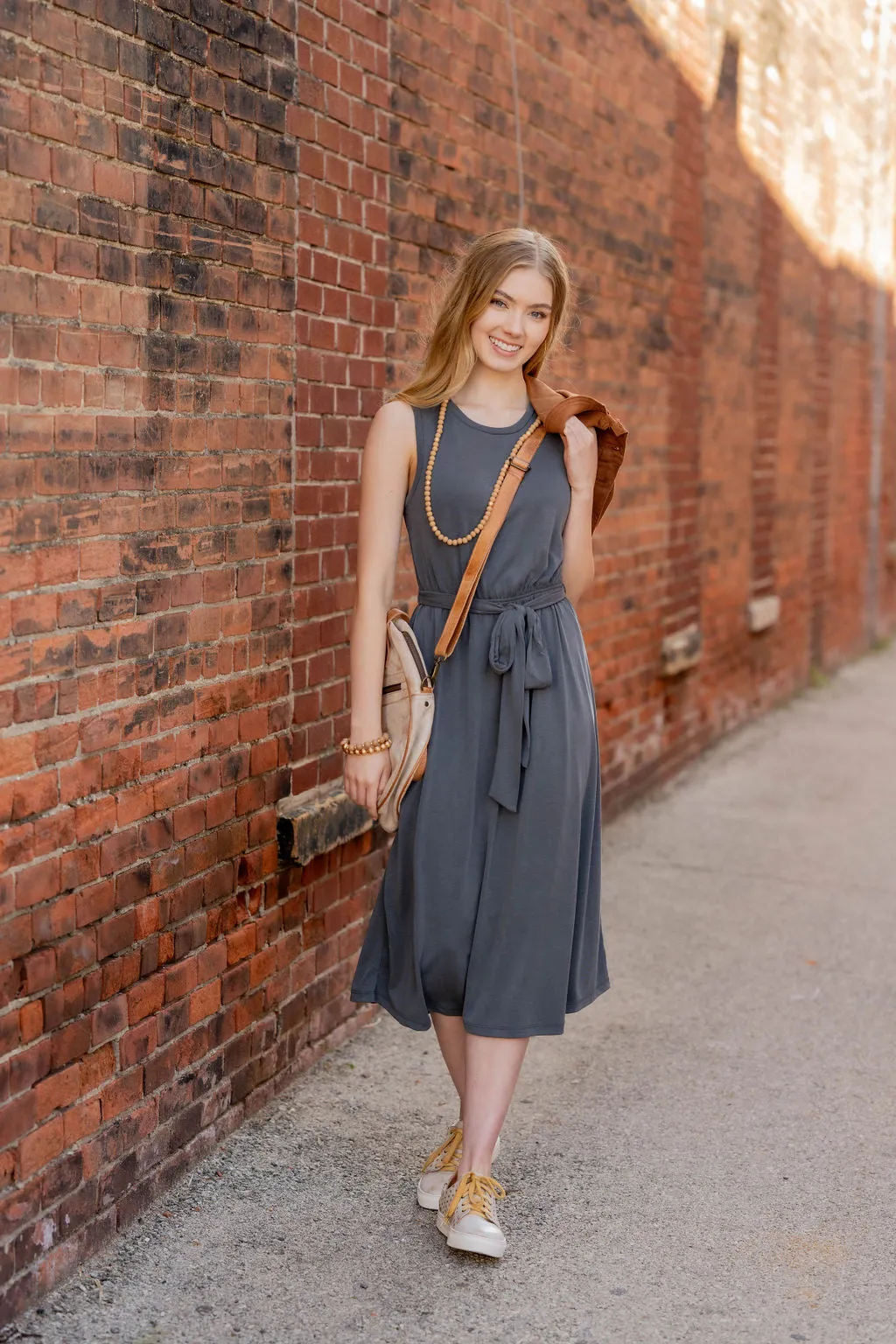 Simple Tie Waist Tank Midi Dress