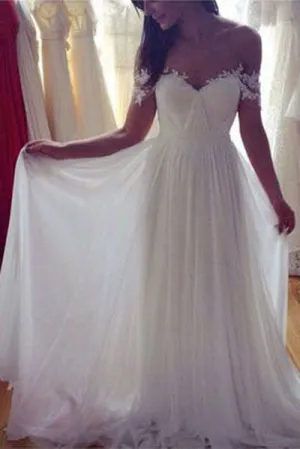 Simple White Long A Line Wedding Dresses, Chiffon Off the Shoulder Wedding Dresses OK160