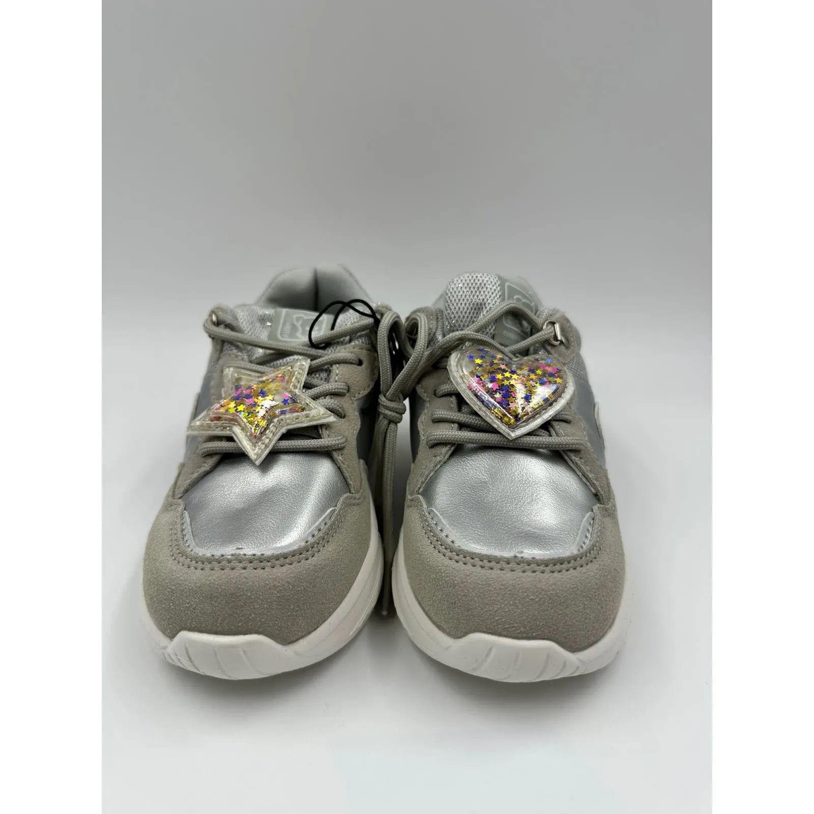 Small Kid Size 13, Silver Sneaker w/ Sparkles, Gray Suede Trim & Star Charm