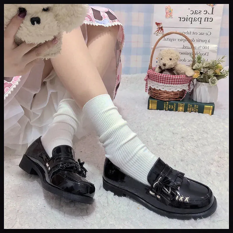 Sohiwoo Japanese College Style Jk Uniform Shoes Round Head Low-heel Bowknot Leather Shoes Women Kawaii Girl Cosplay Cos Loli Shoes