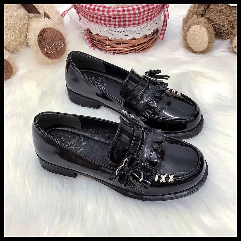 Sohiwoo Japanese College Style Jk Uniform Shoes Round Head Low-heel Bowknot Leather Shoes Women Kawaii Girl Cosplay Cos Loli Shoes