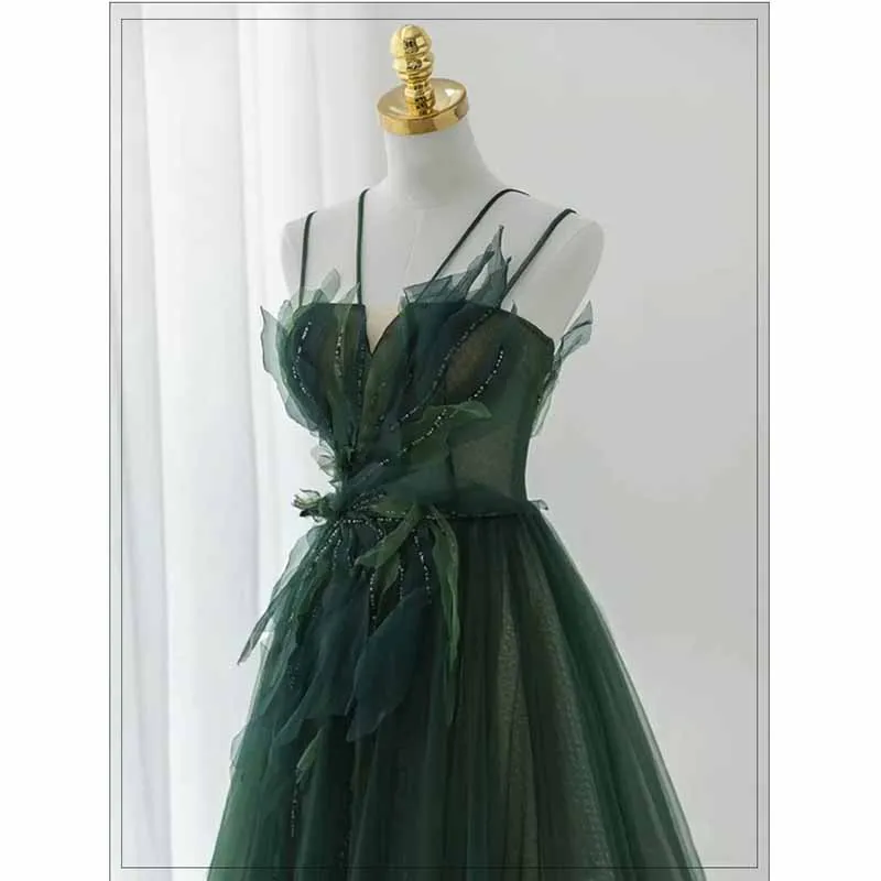 Spaghetti Straps Dark Green Gown With Leaf Details Long Evening Prom Dress