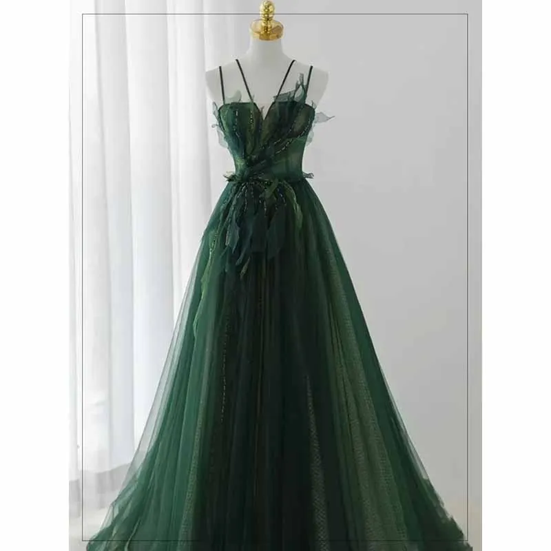 Spaghetti Straps Dark Green Gown With Leaf Details Long Evening Prom Dress