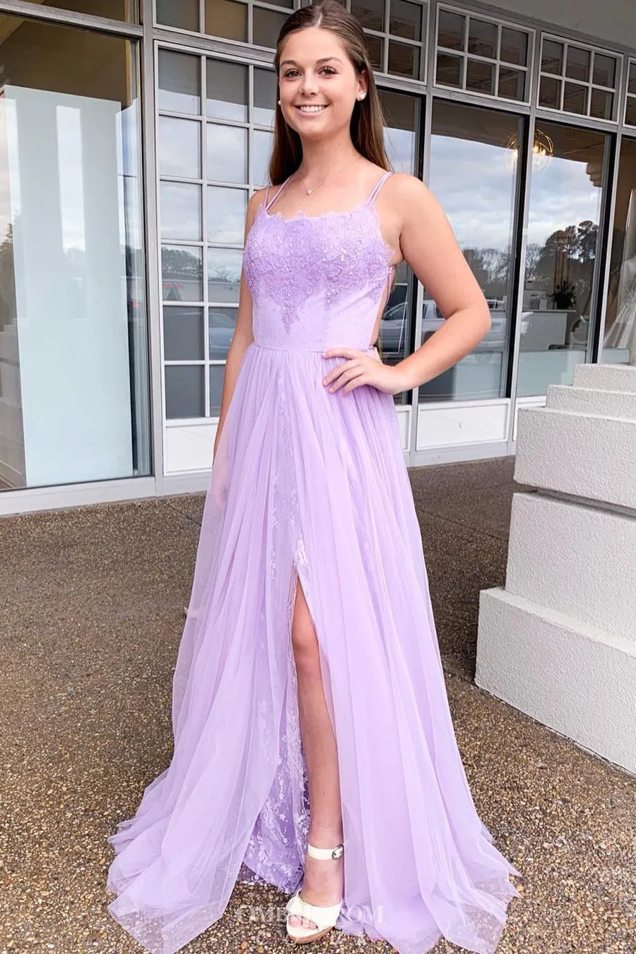 Spaghetti Straps Tulle Lilac Prom Dress,Formal Dresses Backless Formal Evening Dress With Lace