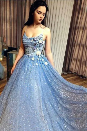 Sparkly Blue Prom Dress A-Line Sequin Formal Gown With 3D Appliques