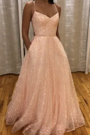 Sparkly Pink Prom Dresses Long A-line Backless Formal Gown With Pocket