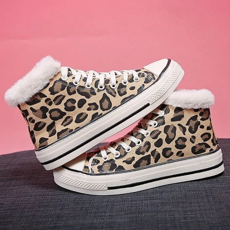 Sponge Cake Thick Bottom Korean Version Plus Velvet Thick Leopard Print Women's Sneakers