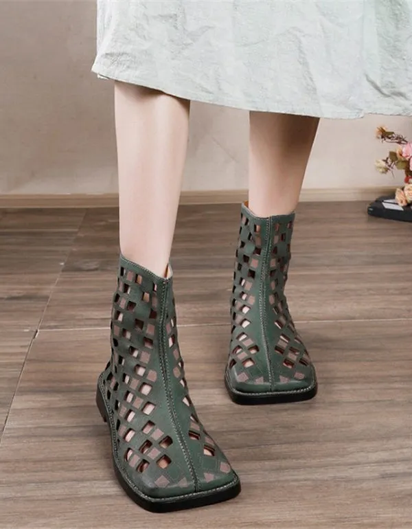 Square Head Handmade Hollow Green Summer Boots