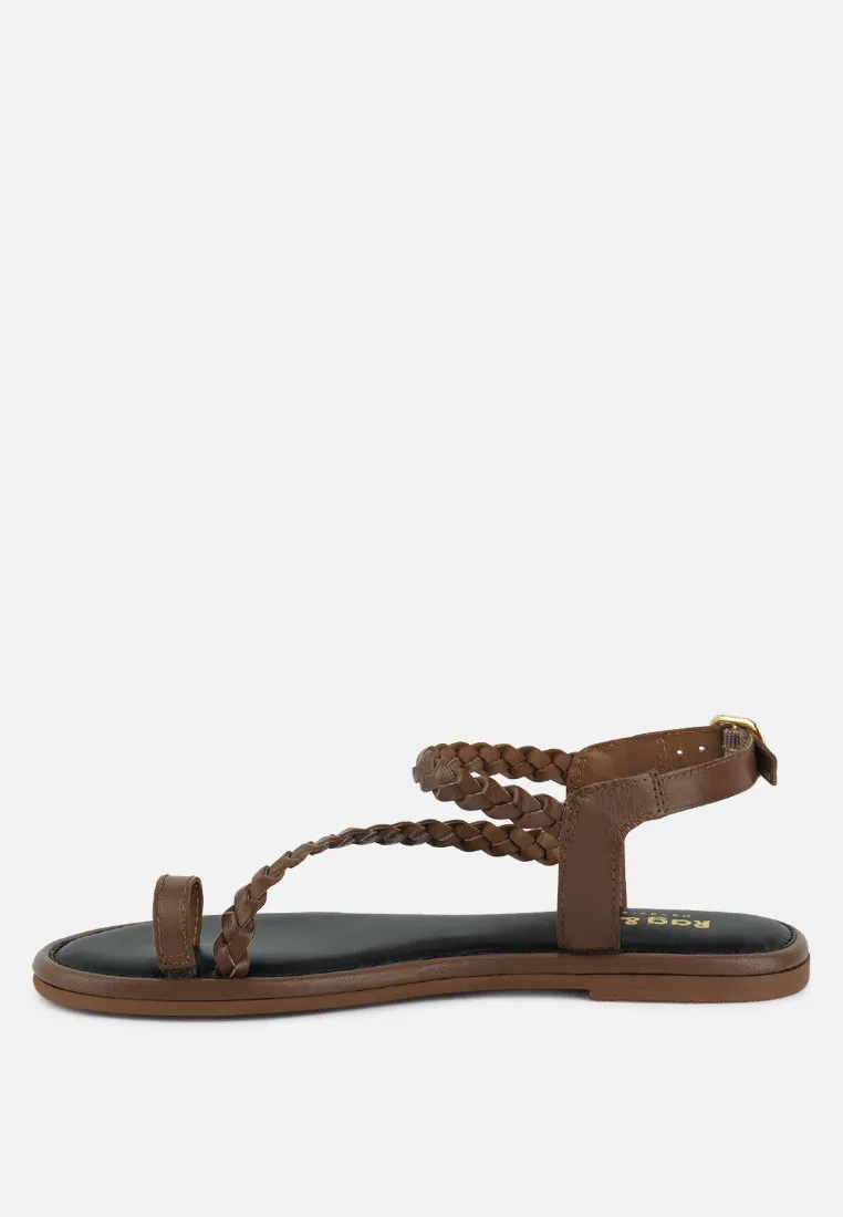 STALLONE Tan Braided Flat Sandals