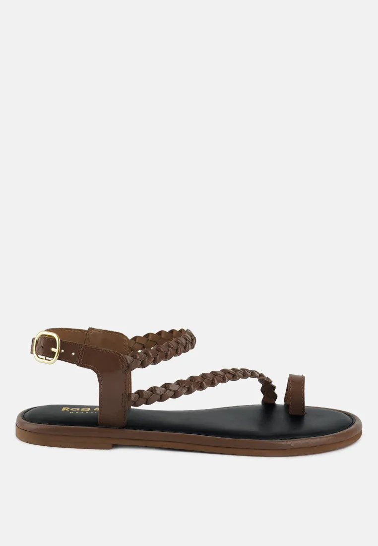 STALLONE Tan Braided Flat Sandals