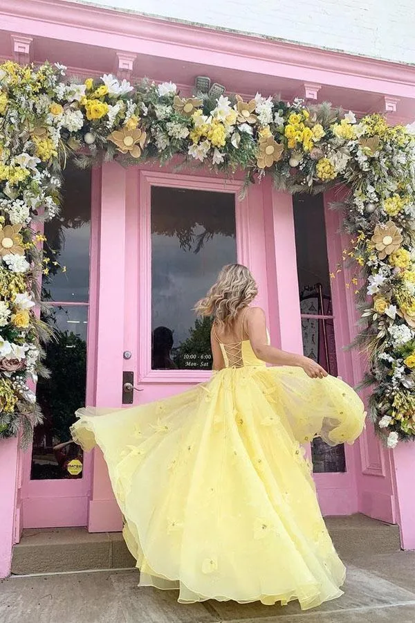 Straps Tulle Bodice 3D Flowers With Back Lace Up Yellow Long Prom Dress PSK198