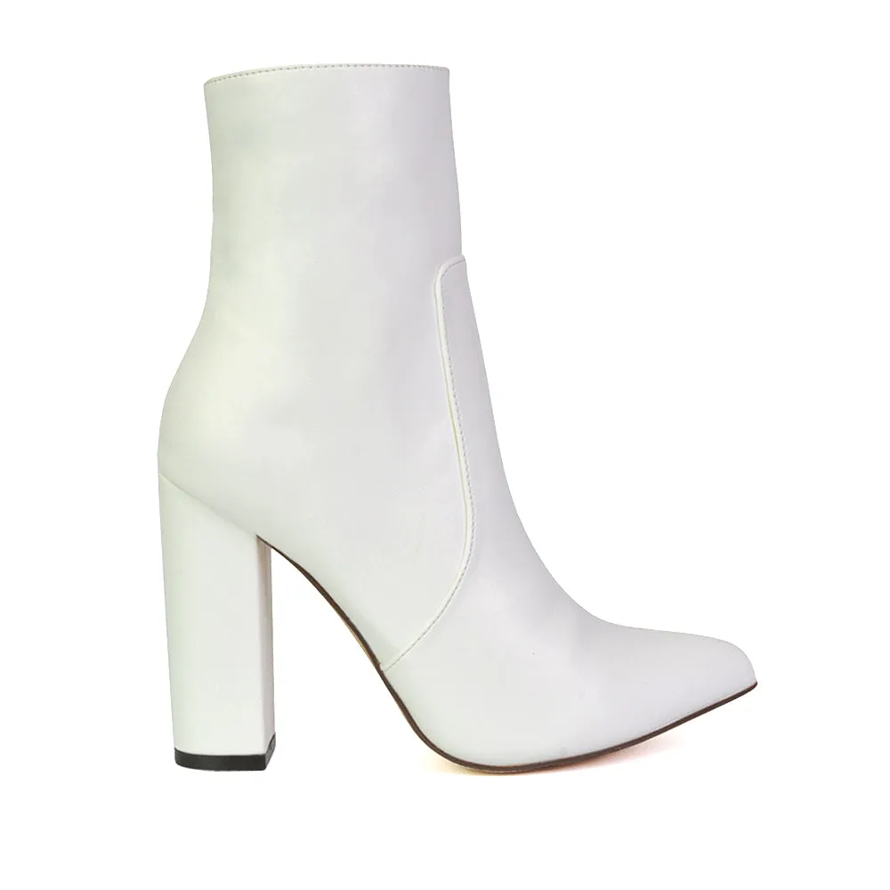 Sugar Block High Heel Zip-Up Heeled Ankle Boots With a Pointed Toe in Silver Metallic