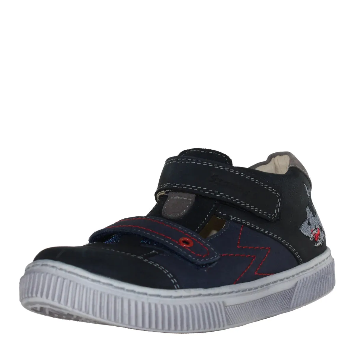 Szamos Kid Boy Sandals In Light And Navy Blue Color And Shark Pattern With Double Velcro Strap - Made In Europe