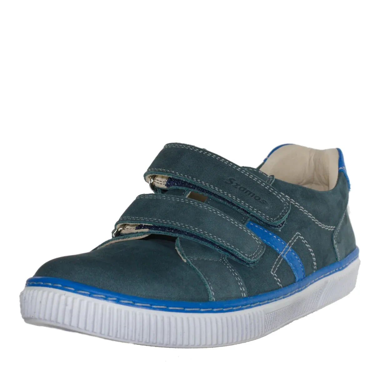 Szamos Kid Boy Sneakers In Dark Grey And Blue Color With Double Velcro Strap - Made In Europe