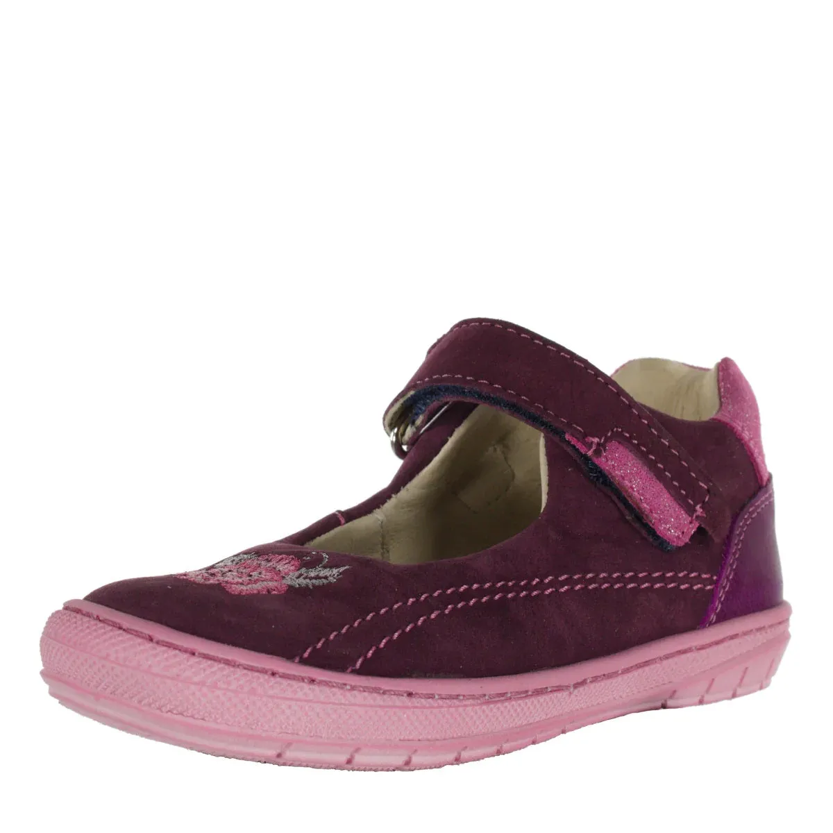 Szamos Kid Girl Dress Shoes In Burgundy Color And Pink Details With Velcro Strap - Made In Europe