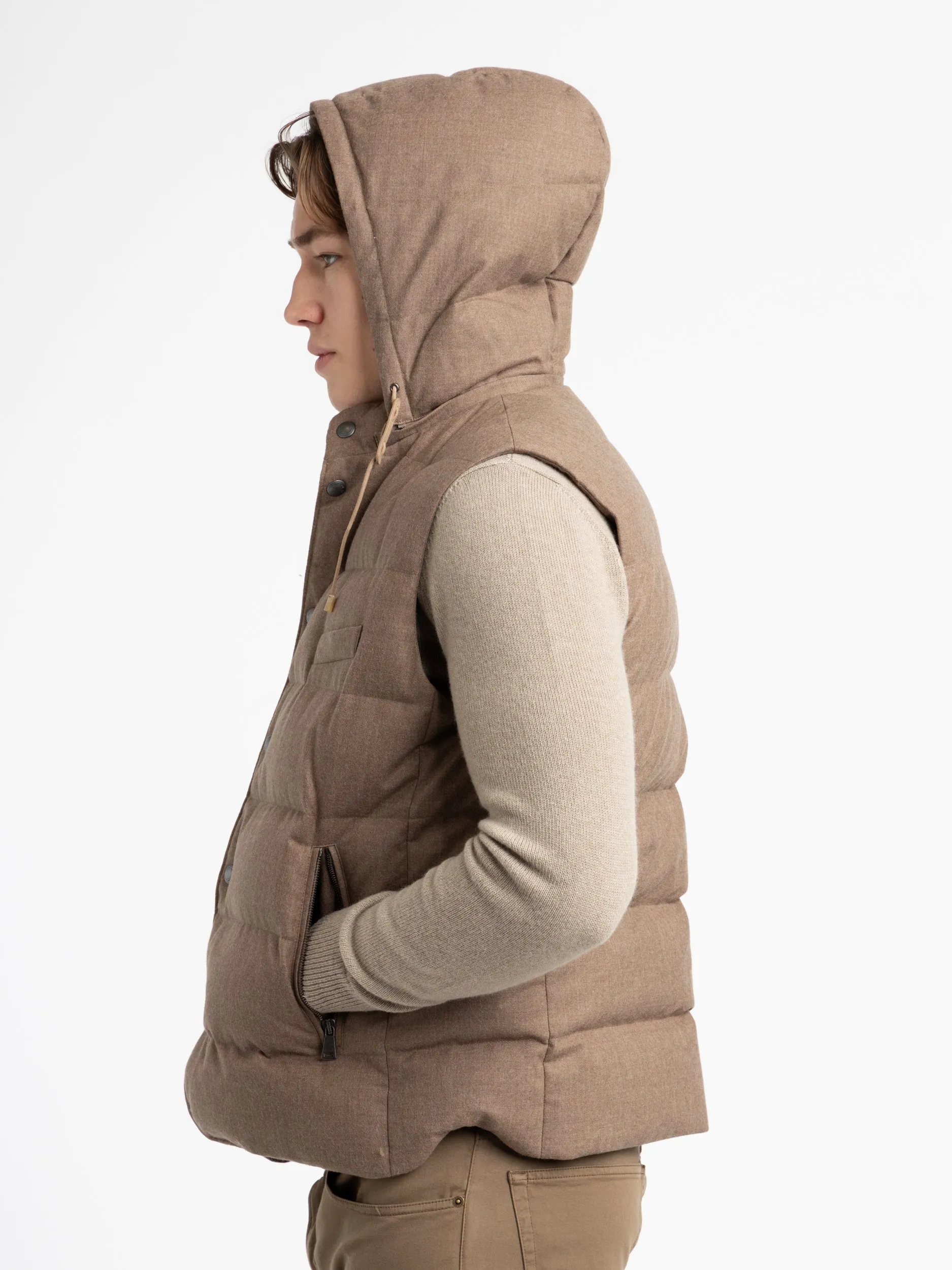 Taupe Joel Wool Flannel Hooded Down Vest