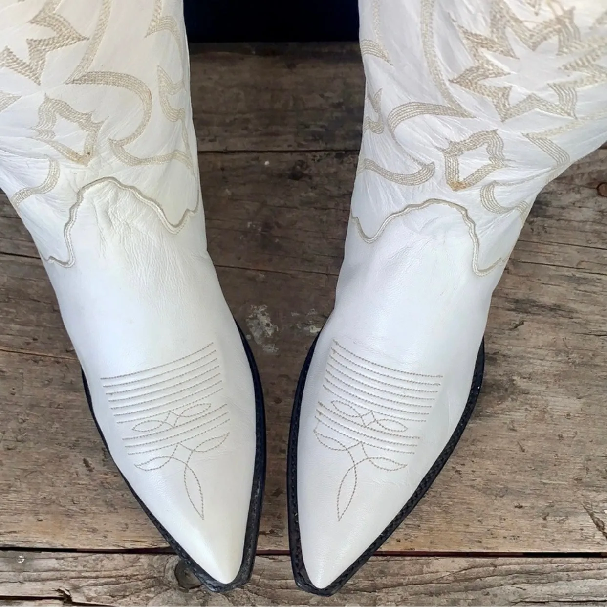 TONY LAMA Vintage White Leather Tall Knee High Cowgirl Cowboy Western Boots