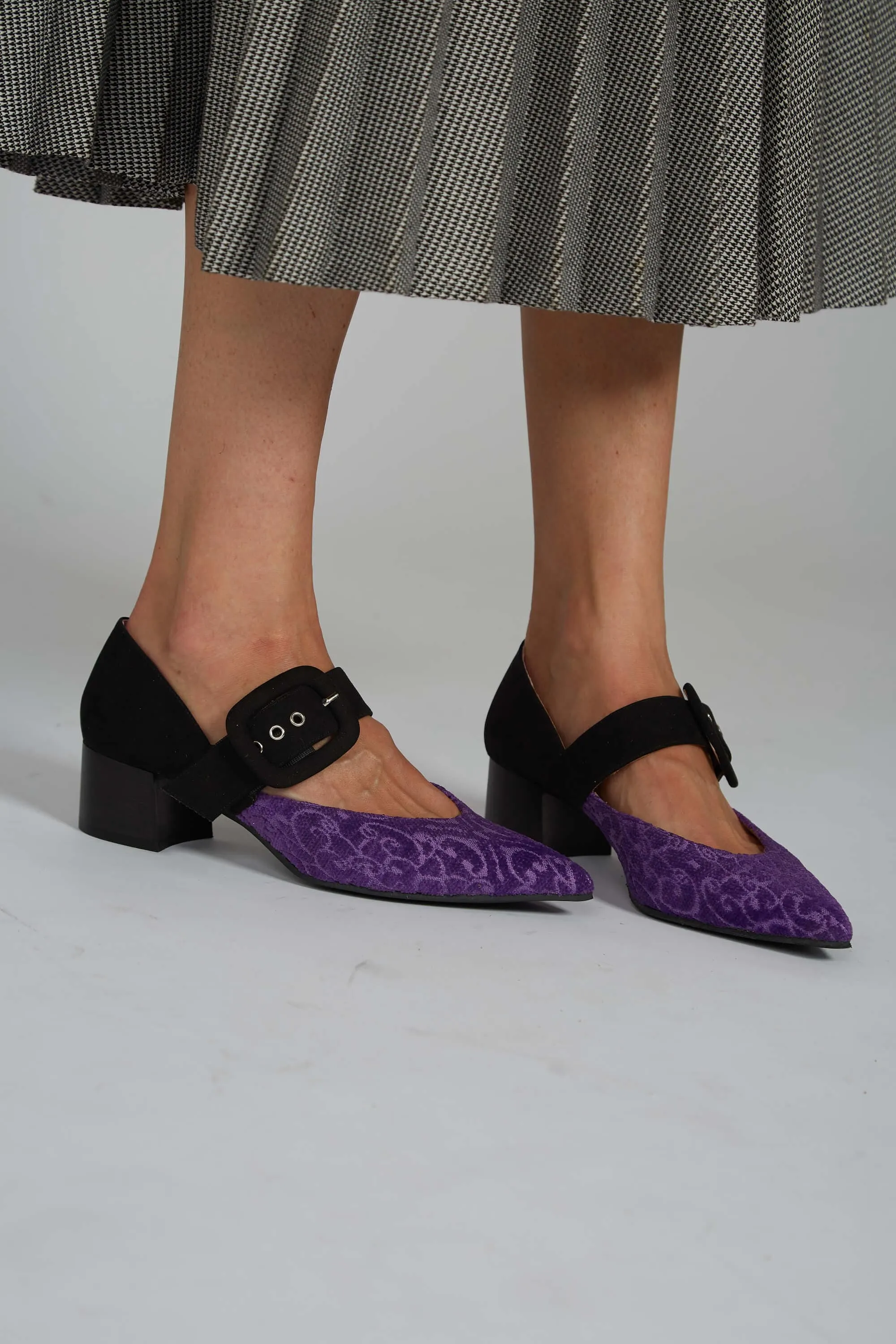 Tulip Eco Suede Vegan Heeled Sandals | Black & Purple