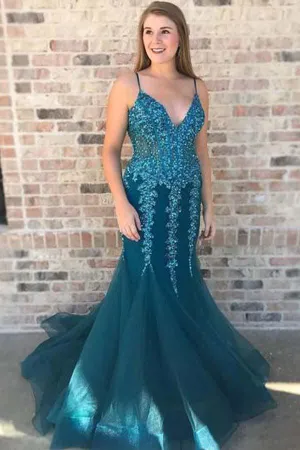 Turquoise See Through V Neck Mermaid Long Evening Prom Dresses PG582