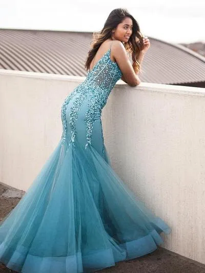 Turquoise See Through V Neck Mermaid Long Evening Prom Dresses PG582