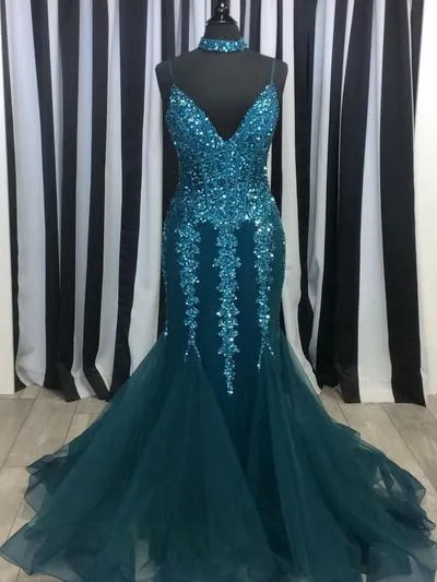 Turquoise See Through V Neck Mermaid Long Evening Prom Dresses PG582