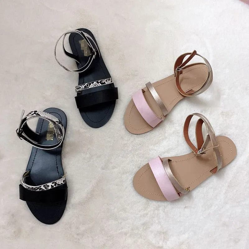 Two Tone Faux Leather Buckle Ankle Flat Sandals