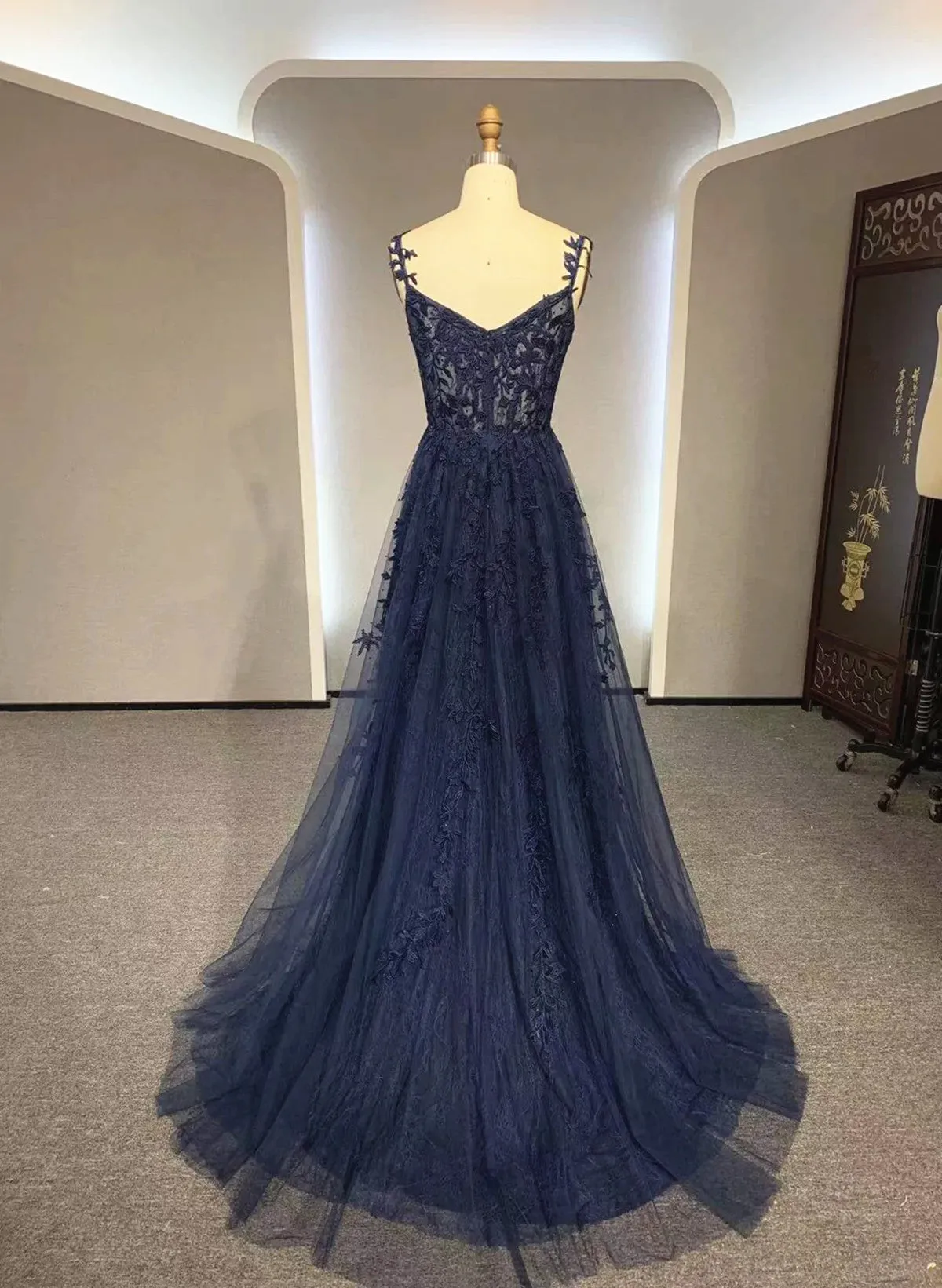 Uniwim 2024 Navy Blue A-line Tulle with Lace Prom Dress, Navy Blue Long Party Dress