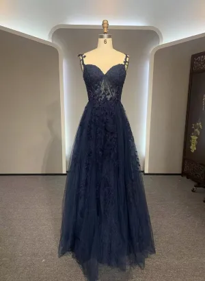 Uniwim 2024 Navy Blue A-line Tulle with Lace Prom Dress, Navy Blue Long Party Dress