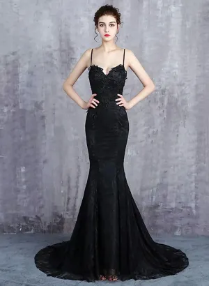 Uniwim Beautiful Mermaid Black Straps Long Formal Dress, Black Evening Dress Prom Dress