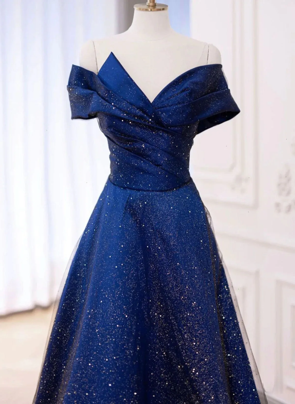 Uniwim Blue A-line Satin with Tulle Long Prom Dress, Blue Long Evening Dress Party Dress