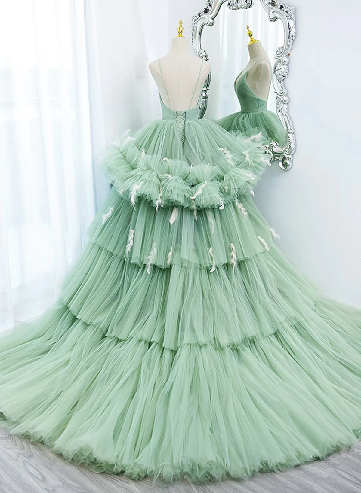 Uniwim Light Green Tulle Layers Low Back Prom Dress, Light Green Sweet 16 Dress