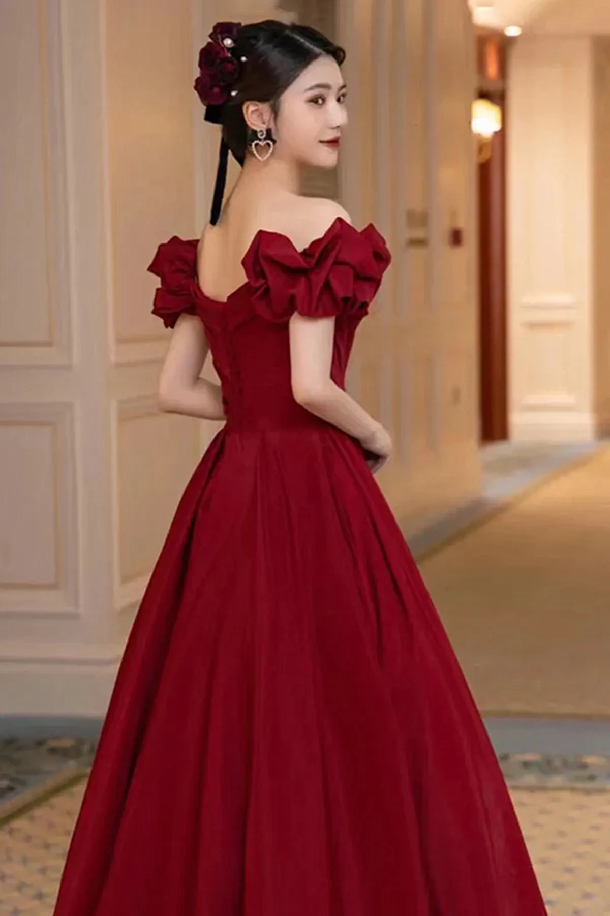 Uniwim Lovely Wine Red Sweetheart Long A-Line Prom Dress, Off the Shoulder Long Formal Dress