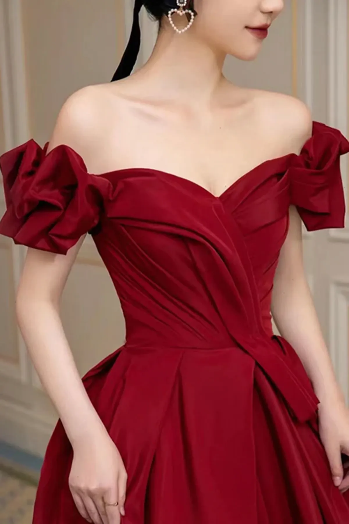 Uniwim Lovely Wine Red Sweetheart Long A-Line Prom Dress, Off the Shoulder Long Formal Dress