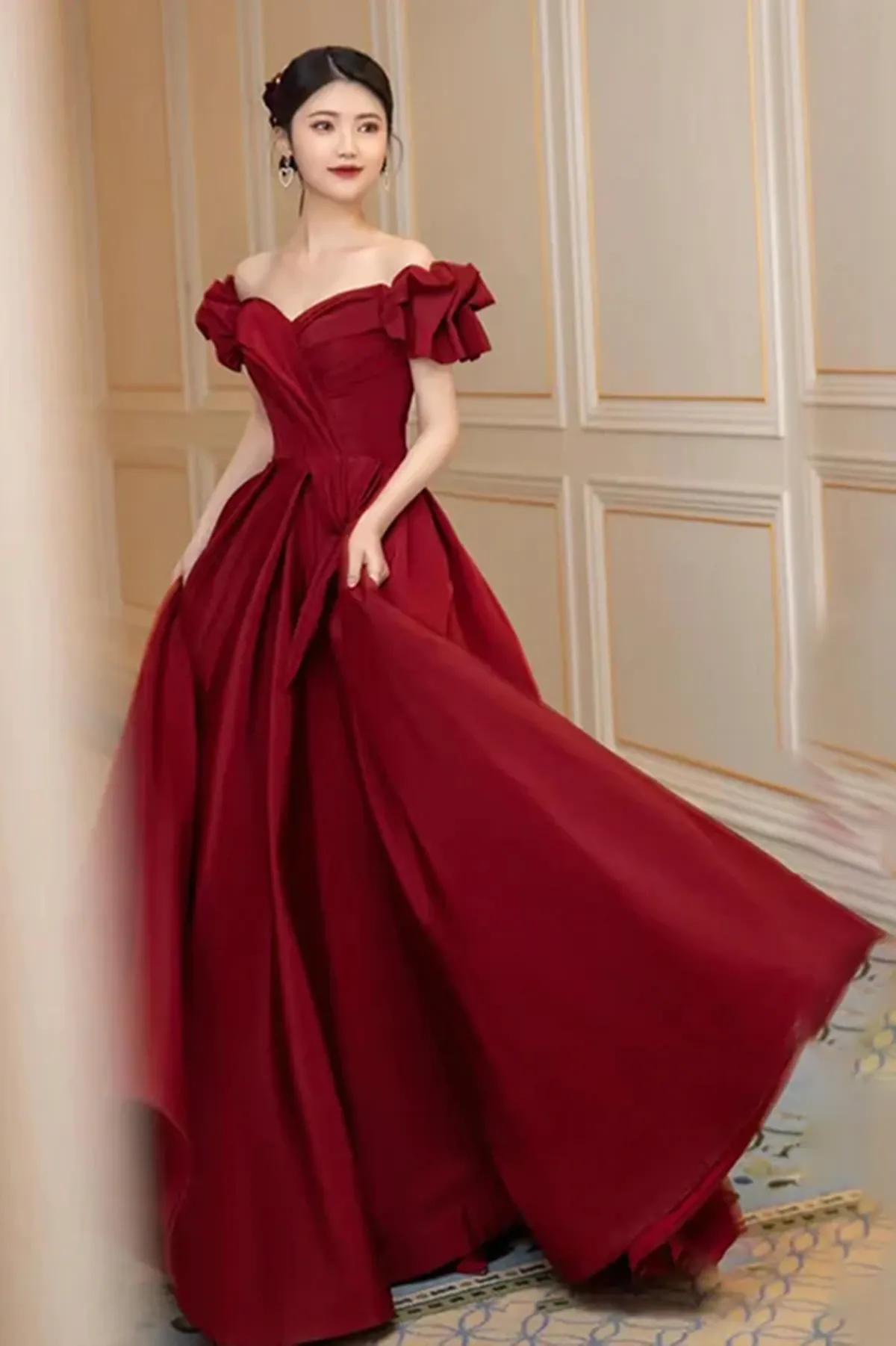 Uniwim Lovely Wine Red Sweetheart Long A-Line Prom Dress, Off the Shoulder Long Formal Dress