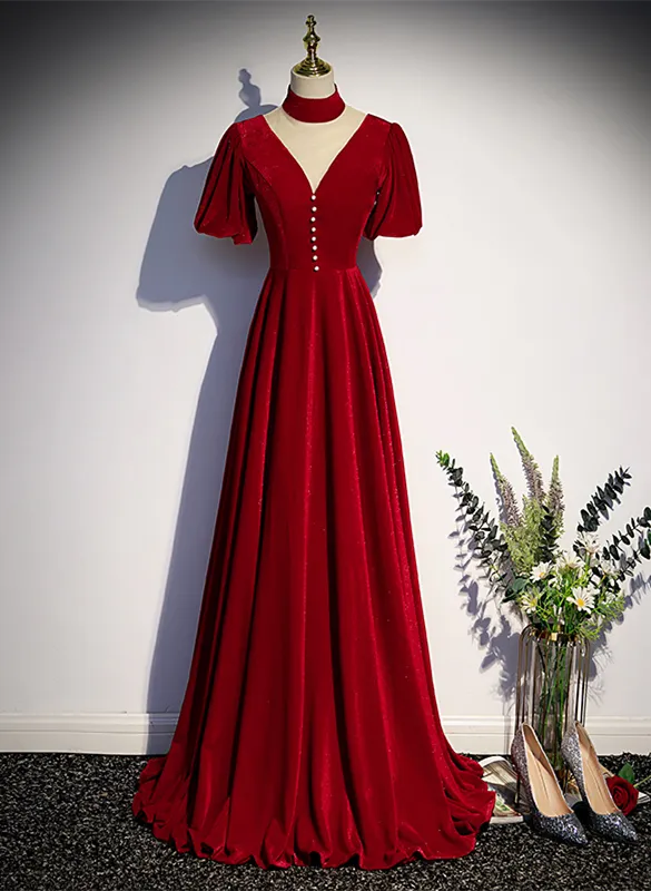 Uniwim Red High Neckline Velvet Long Party Dress, Red Short Sleeves Velvet Prom Dress