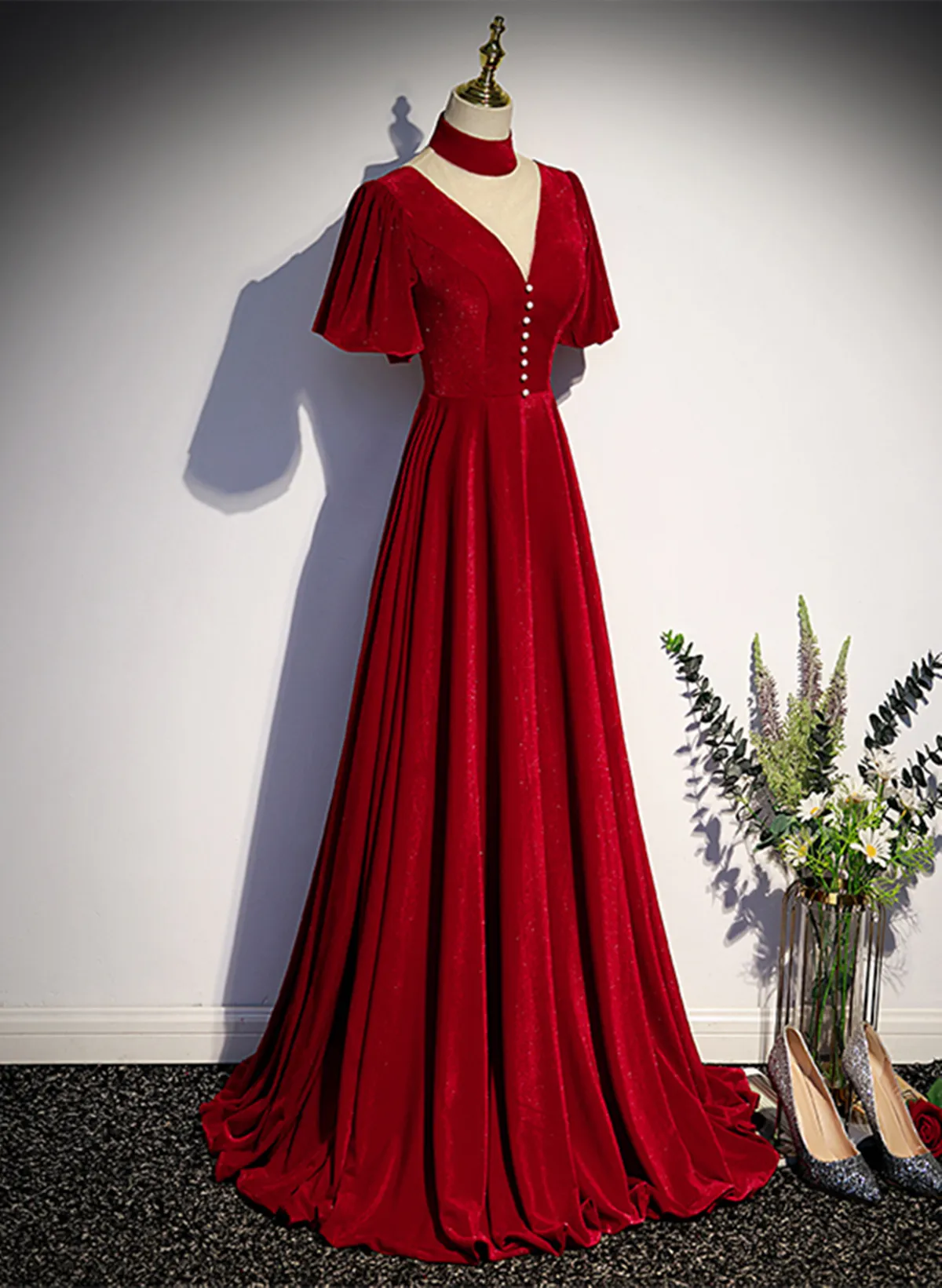 Uniwim Red High Neckline Velvet Long Party Dress, Red Short Sleeves Velvet Prom Dress