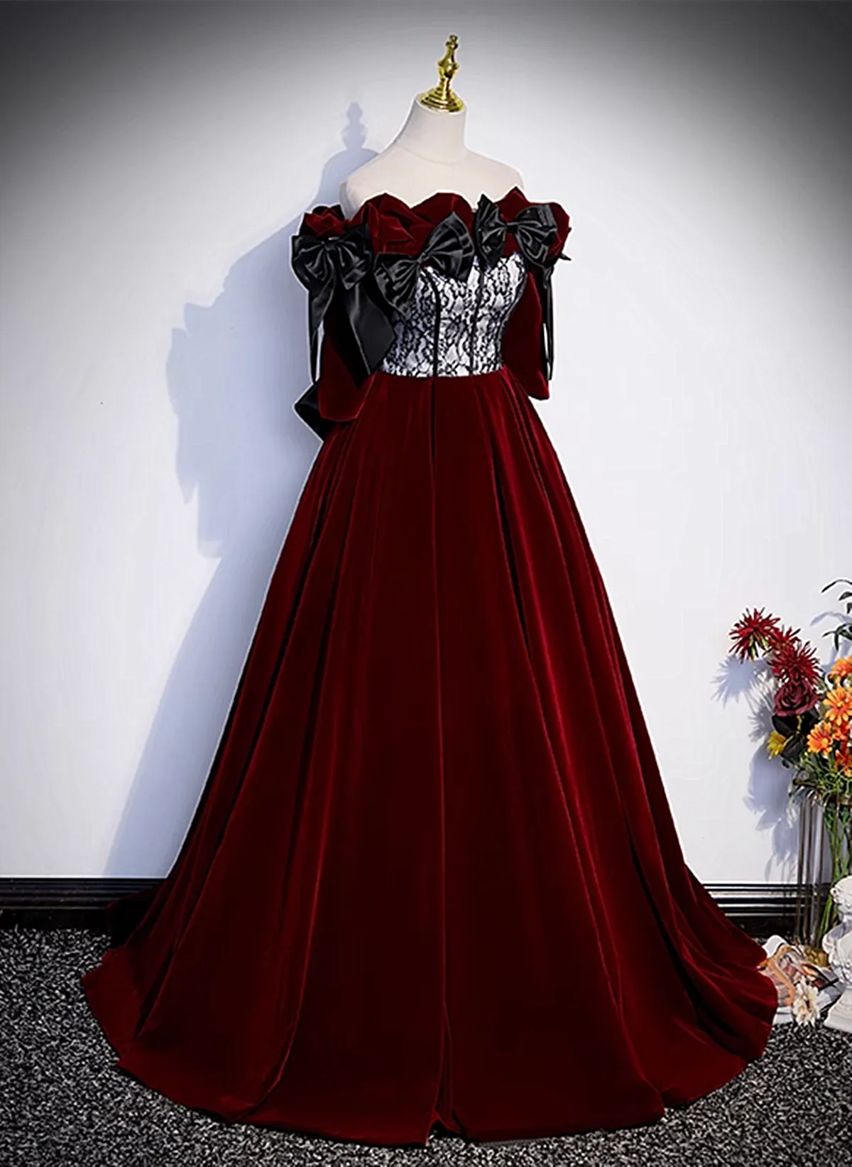 Uniwim Wine Red Velvet Off Shoulder Party Dress with Bow, Wine Red Velvet Long Prom Dress