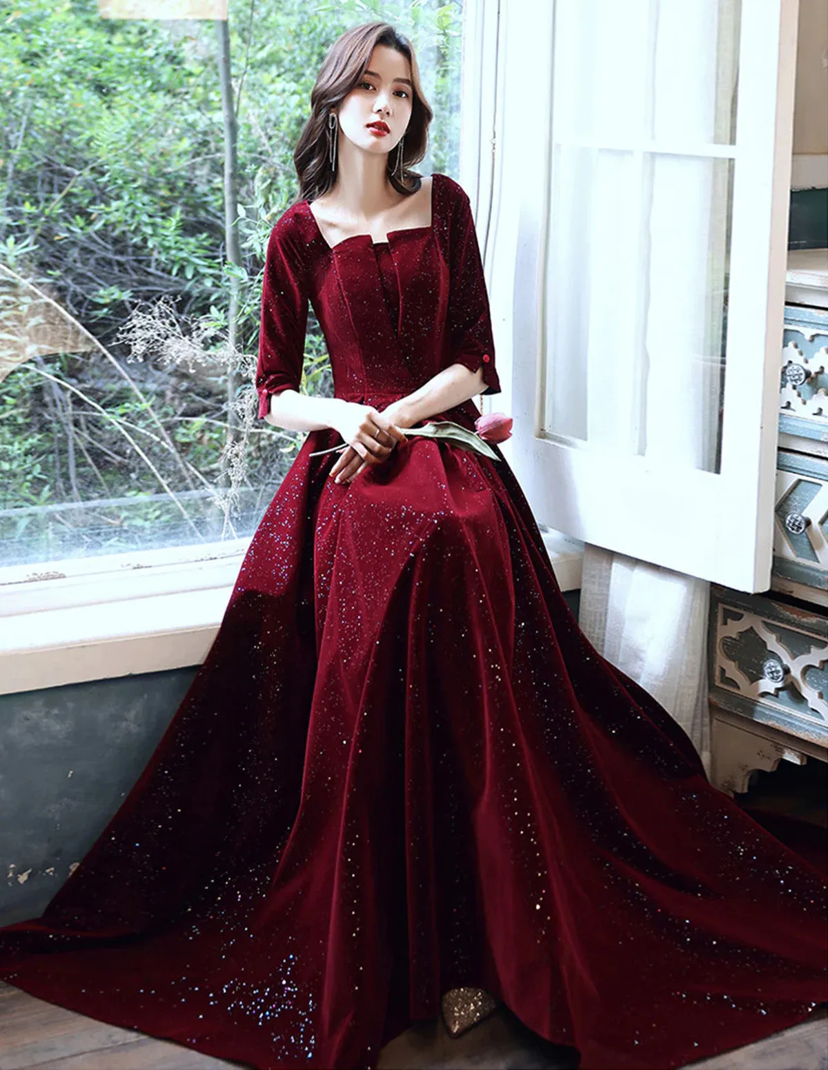 Uniwim Wine Red Velvet Short Sleeves Long Formal Dress, A-line Wine Red Prom Dress