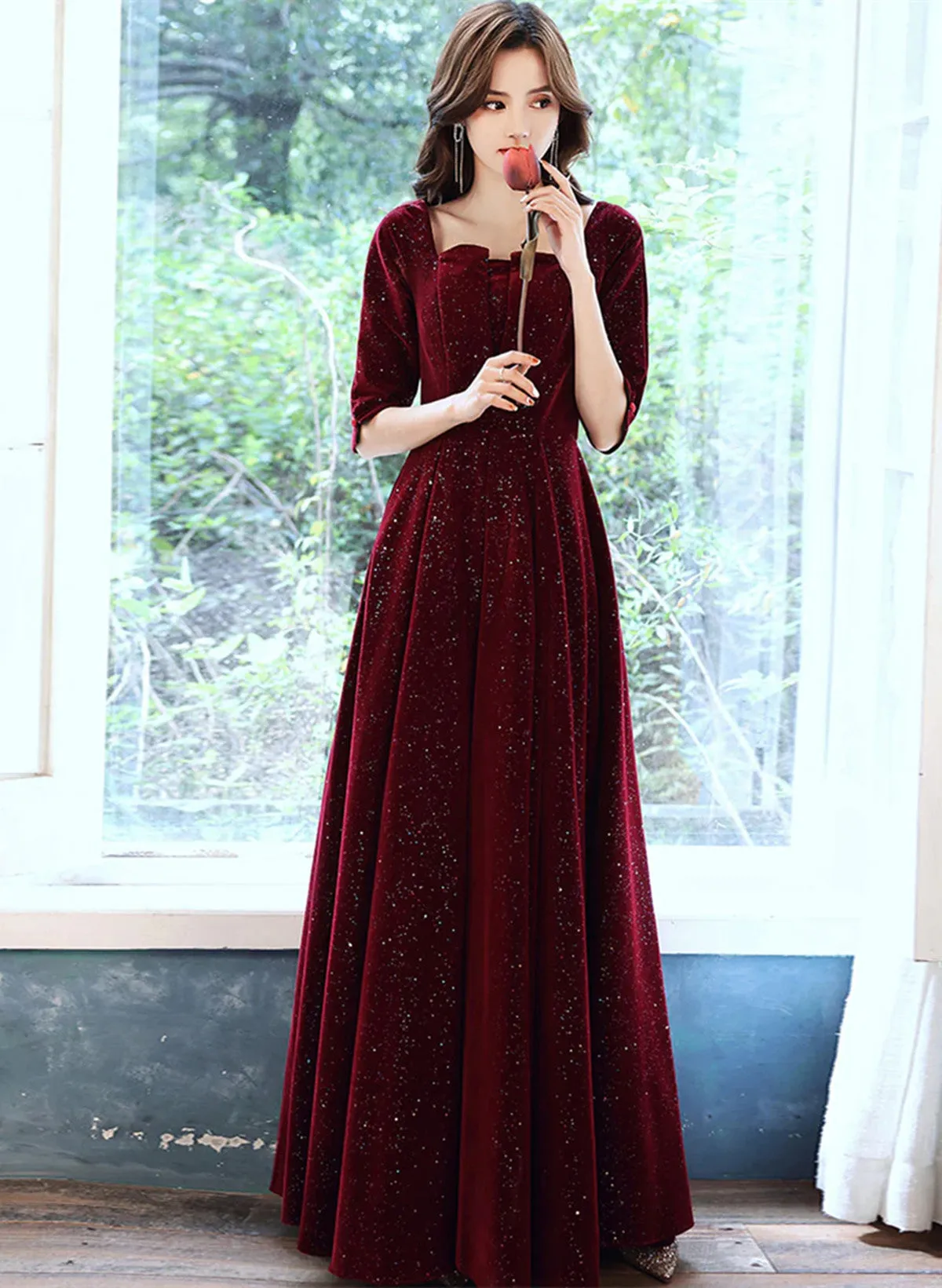 Uniwim Wine Red Velvet Short Sleeves Long Formal Dress, A-line Wine Red Prom Dress