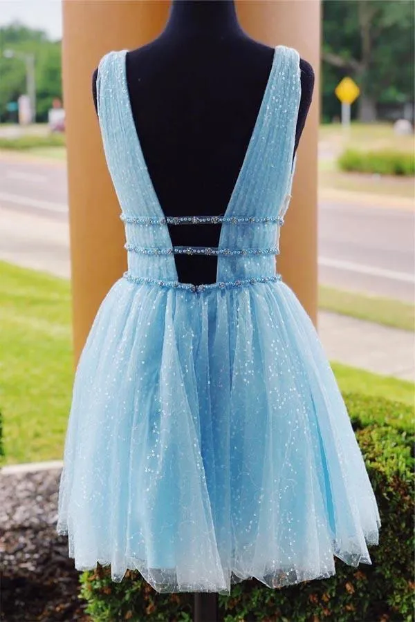 V-Neck Sparkling Beading Sky Blue Short Prom Dress Homecoming Dress  PD316