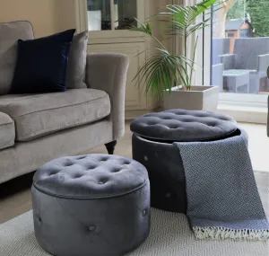 Valeria Set Of 2 Round Storage Ottomans, Dark Grey