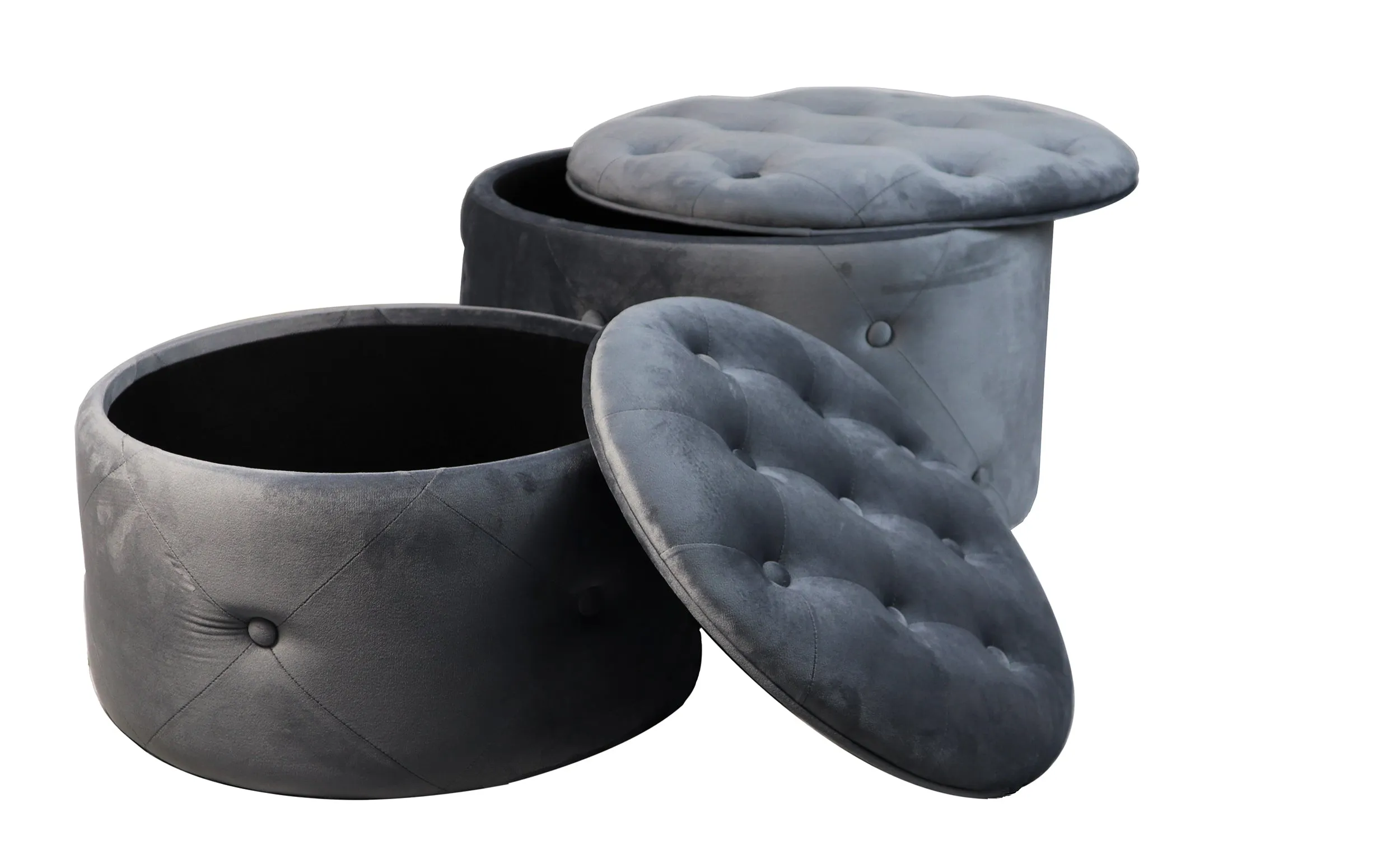 Valeria Set Of 2 Round Storage Ottomans, Dark Grey