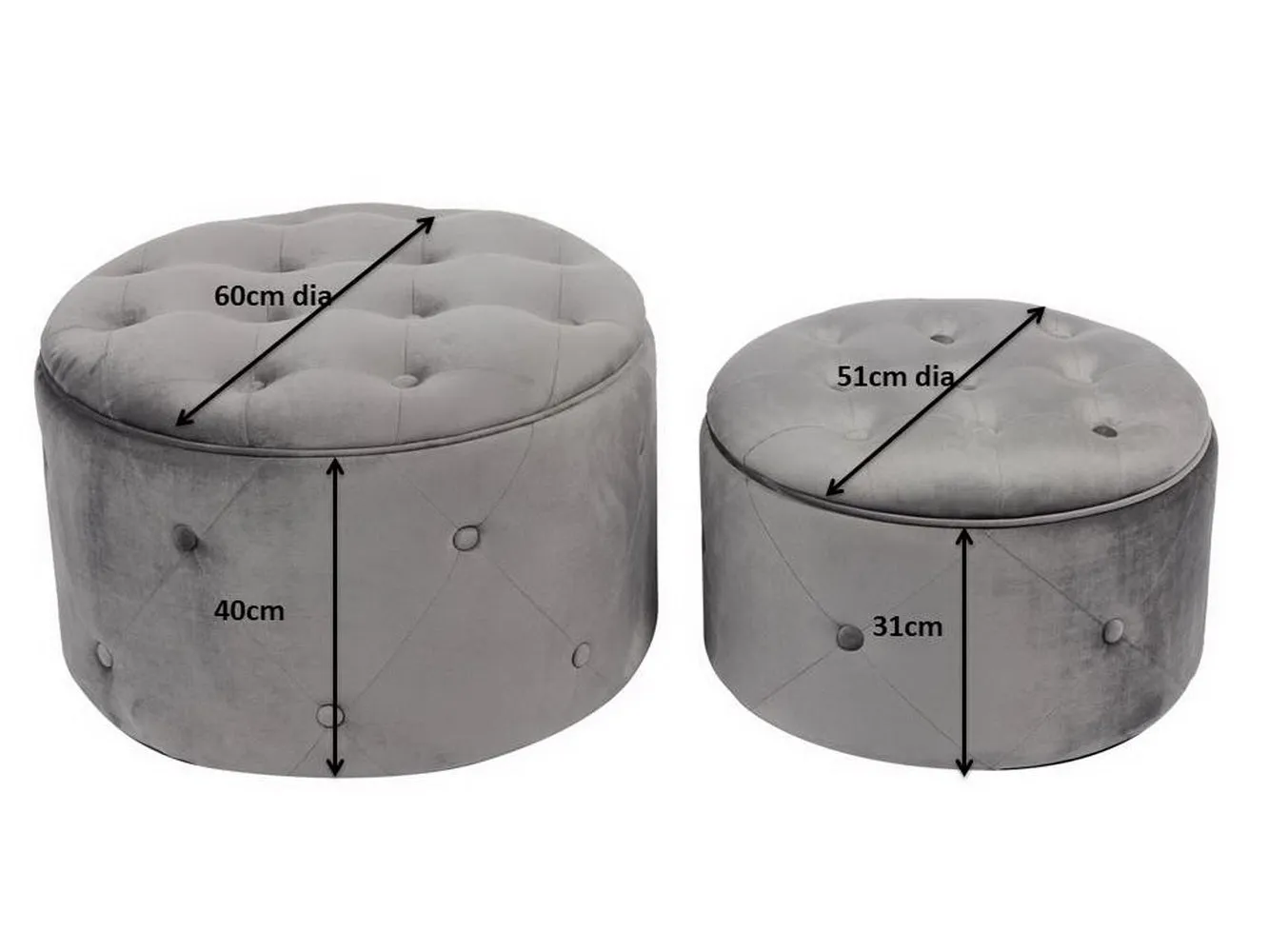 Valeria Set Of 2 Round Storage Ottomans, Light Grey