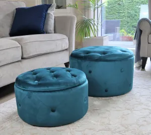 Valeria Set Of 2 Round Storage Ottomans,Teal