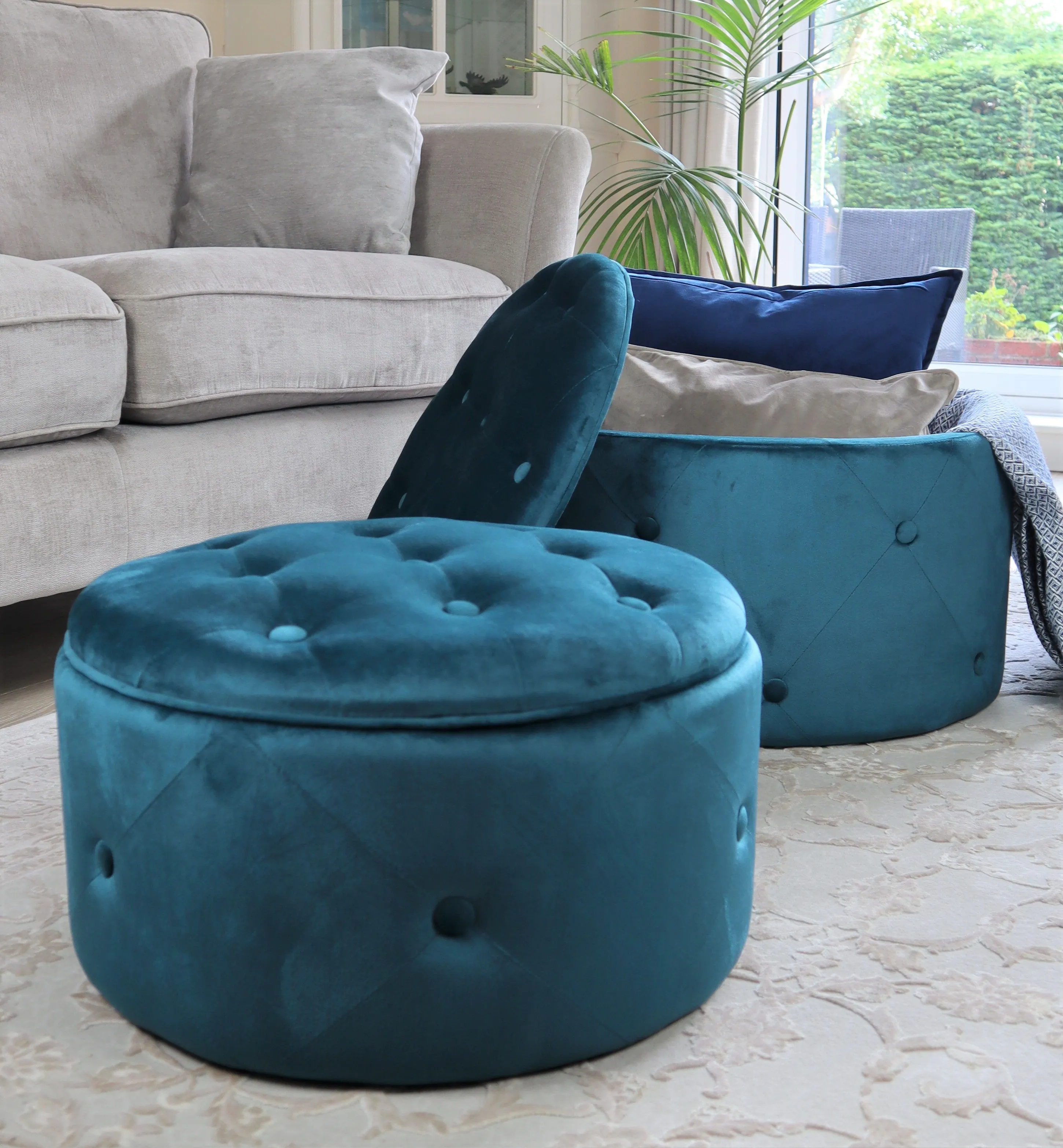 Valeria Set Of 2 Round Storage Ottomans,Teal