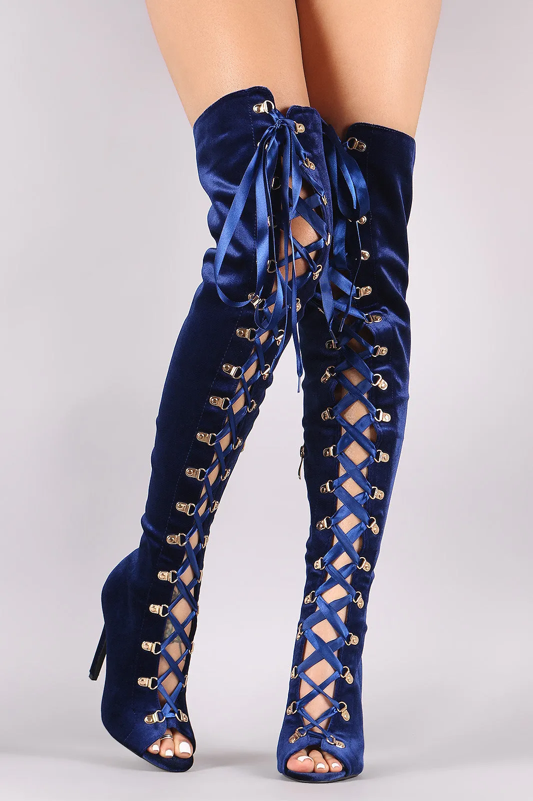 Velvet Ribbon Lace-Up Stiletto Over-The-Knee Boots