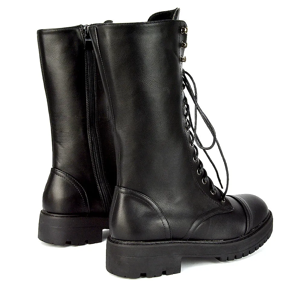 Vera Mid-Calf Combat Military Biker Heeled Ankle Boots in Black Synthetic Leather