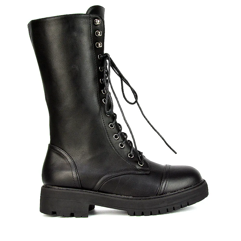 Vera Mid-Calf Combat Military Biker Heeled Ankle Boots in Black Synthetic Leather